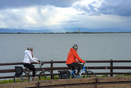 Cyclists and Grado Lagoon.