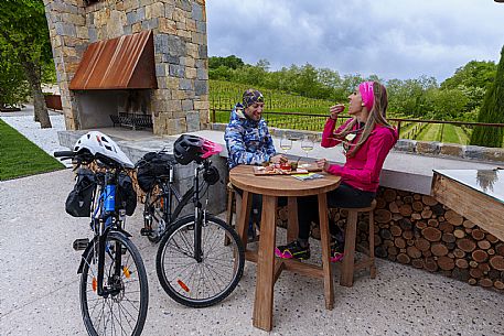 Cyclists sitting at the table with vineyards in the background.