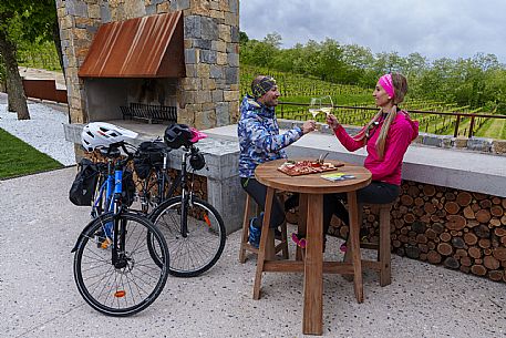 Cyclists sitting at the table with vineyards in the background.