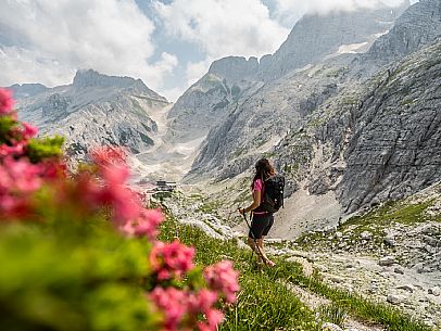 Trekking from the Celsio Gilberti Refuge, along the Bila Peč botanical path and further along the path that leads to the Marussic bivouac, on the suggestive karst plateau of Foran dal Mus. Prealpi Giulie Natural Park, MAB Unesco.