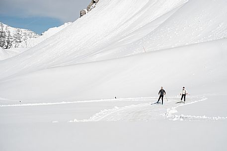 Cross country skiing. Cross-country trail Prevala at Sella Nevea, below the Gilberti refuge.
The 