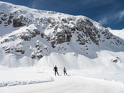 Cross country skiing. Cross-country trail Prevala at Sella Nevea, below the Gilberti refuge.
The 