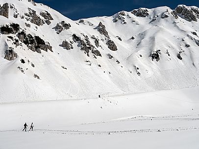 Cross country skiing. Cross-country trail Prevala at Sella Nevea, below the Gilberti refuge.
The 