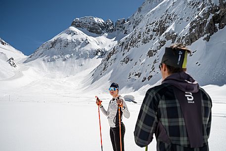 Cross country skiing. Cross-country trail Prevala at Sella Nevea, below the Gilberti refuge.
The 