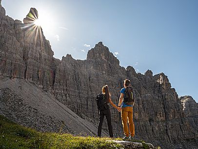 Trekking from the Pordenone Refuge to the Campanile of Val Montanaia, Giuliano Perugini Bivouac. Friulian Dolomites Natural Park, UNESCO.