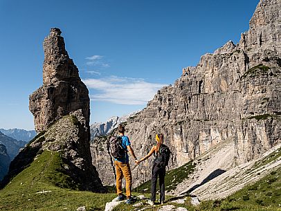 Trekking from the Pordenone Refuge to the Campanile of Val Montanaia, Giuliano Perugini Bivouac. Friulian Dolomites Natural Park, UNESCO.