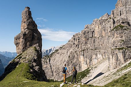 Trekking from the Pordenone Refuge to the Campanile of Val Montanaia, Giuliano Perugini Bivouac. Friulian Dolomites Natural Park, UNESCO.