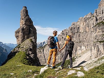 Trekking from the Pordenone Refuge to the Campanile of Val Montanaia, Giuliano Perugini Bivouac. Friulian Dolomites Natural Park, UNESCO.