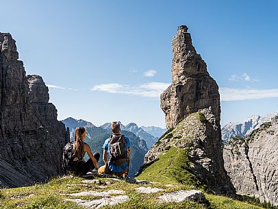 Trekking from the Pordenone Refuge to the Campanile of Val Montanaia, Giuliano Perugini Bivouac. Friulian Dolomites Natural Park, UNESCO.