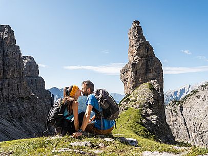 Trekking from the Pordenone Refuge to the Campanile of Val Montanaia, Giuliano Perugini Bivouac. Friulian Dolomites Natural Park, UNESCO.