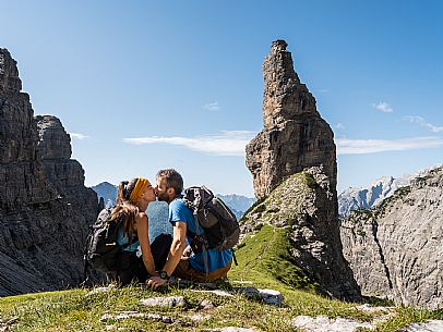 Trekking from the Pordenone Refuge to the Campanile of Val Montanaia, Giuliano Perugini Bivouac. Friulian Dolomites Natural Park, UNESCO.