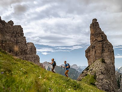 Trekking from the Pordenone Refuge to the Campanile of Val Montanaia, Giuliano Perugini Bivouac. Friulian Dolomites Natural Park, UNESCO.