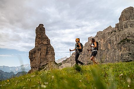 Trekking from the Pordenone Refuge to the Campanile of Val Montanaia, Giuliano Perugini Bivouac. Friulian Dolomites Natural Park, UNESCO.