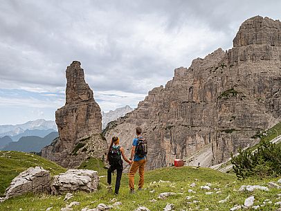 Trekking from the Pordenone Refuge to the Campanile of Val Montanaia, Giuliano Perugini Bivouac. Friulian Dolomites Natural Park, UNESCO.