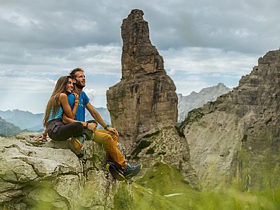 Trekking from the Pordenone Refuge to the Campanile of Val Montanaia, Giuliano Perugini Bivouac. Friulian Dolomites Natural Park, UNESCO.