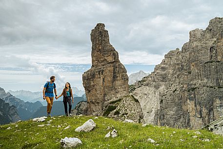 Trekking from the Pordenone Refuge to the Campanile of Val Montanaia, Giuliano Perugini Bivouac. Friulian Dolomites Natural Park, UNESCO.