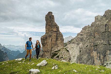 Trekking from the Pordenone Refuge to the Campanile of Val Montanaia, Giuliano Perugini Bivouac. Friulian Dolomites Natural Park, UNESCO.