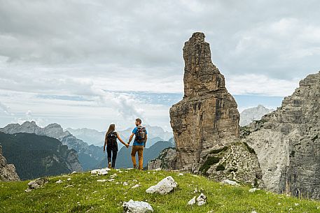 Trekking from the Pordenone Refuge to the Campanile of Val Montanaia, Giuliano Perugini Bivouac. Friulian Dolomites Natural Park, UNESCO.