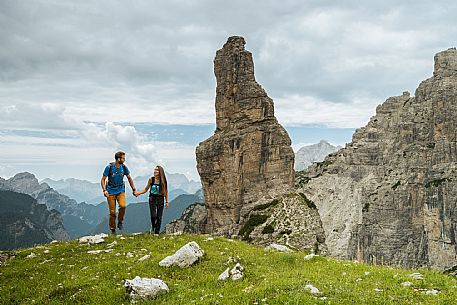 Trekking from the Pordenone Refuge to the Campanile of Val Montanaia, Giuliano Perugini Bivouac. Friulian Dolomites Natural Park, UNESCO.