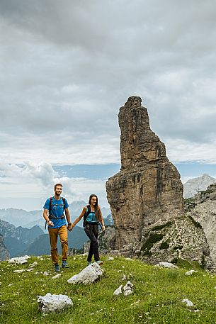 Trekking from the Pordenone Refuge to the Campanile of Val Montanaia, Giuliano Perugini Bivouac. Friulian Dolomites Natural Park, UNESCO.