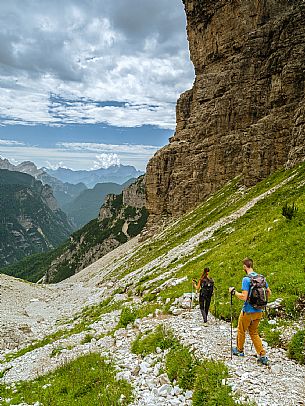 Trekking from the Pordenone Refuge to the Campanile of Val Montanaia, Giuliano Perugini Bivouac. Friulian Dolomites Natural Park, UNESCO.