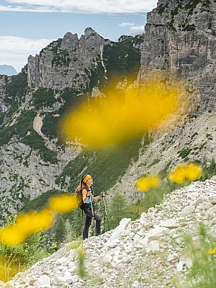 Trekking from the Pordenone Refuge to the Campanile of Val Montanaia, Giuliano Perugini Bivouac. Friulian Dolomites Natural Park, UNESCO.