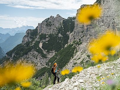 Trekking from the Pordenone Refuge to the Campanile of Val Montanaia, Giuliano Perugini Bivouac. Friulian Dolomites Natural Park, UNESCO.