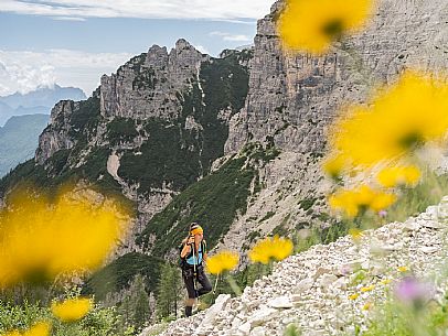 Trekking from the Pordenone Refuge to the Campanile of Val Montanaia, Giuliano Perugini Bivouac. Friulian Dolomites Natural Park, UNESCO.