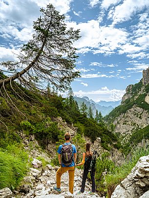 Trekking from the Pordenone Refuge to the Campanile of Val Montanaia, Giuliano Perugini Bivouac. Friulian Dolomites Natural Park, UNESCO.