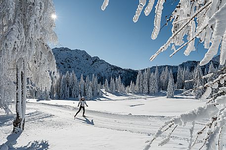 Cross-country ski trail Passo Pramollo, Nassfeld, Pontebba. The Pramollo ring extends at 1500 m above sea level close to an Alpine Pass of extraordinary beauty.