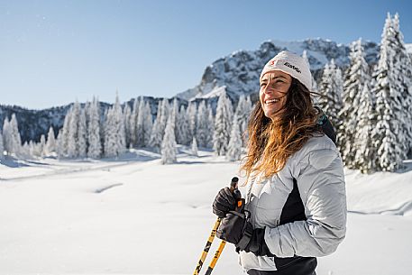 Cross-country ski trail Passo Pramollo, Nassfeld, Pontebba. The Pramollo ring extends at 1500 m above sea level close to an Alpine Pass of extraordinary beauty.