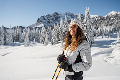 Cross-country ski trail Passo Pramollo, Nassfeld, Pontebba. The Pramollo ring extends at 1500 m above sea level close to an Alpine Pass of extraordinary beauty.