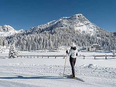 Cross-country ski trail Passo Pramollo, Nassfeld, Pontebba. The Pramollo ring extends at 1500 m above sea level close to an Alpine Pass of extraordinary beauty.