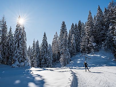 Cross-country ski trail Passo Pramollo, Nassfeld, Pontebba. The Pramollo ring extends at 1500 m above sea level close to an Alpine Pass of extraordinary beauty.