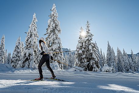 Cross-country ski trail Passo Pramollo, Nassfeld, Pontebba. The Pramollo ring extends at 1500 m above sea level close to an Alpine Pass of extraordinary beauty.