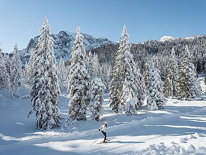 Cross-country ski trail Passo Pramollo, Nassfeld, Pontebba. The Pramollo ring extends at 1500 m above sea level close to an Alpine Pass of extraordinary beauty.