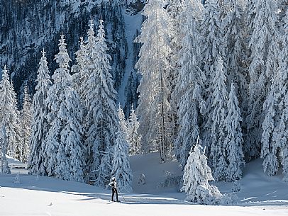 Cross-country ski trail Passo Pramollo, Nassfeld, Pontebba. The Pramollo ring extends at 1500 m above sea level close to an Alpine Pass of extraordinary beauty.