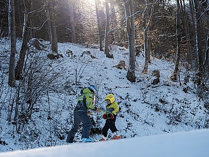 Teacher young woman and child learning alpine skiing in a school camp in Tarvisio.