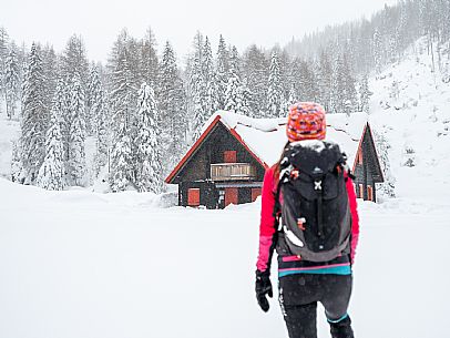 Walk with snowshoes, to the Winkel hut, under heavy snowfall.