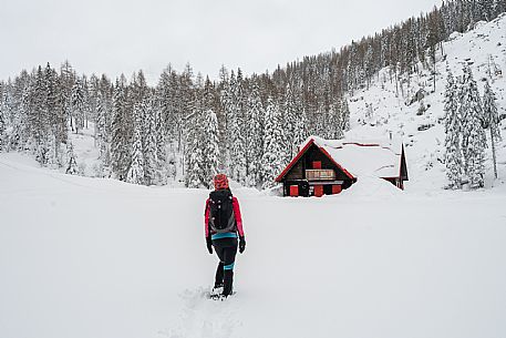 Walk with snowshoes, to the Winkel hut, under heavy snowfall.