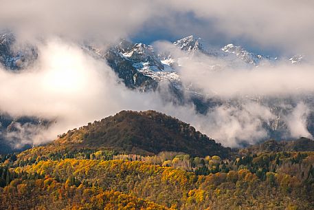 Autumn atmospheres and colours in Piancavallo. Wood around Barcis lake. Dolomiti Friulane Natural Park.