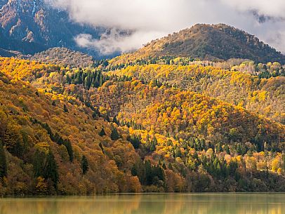 Autumn atmospheres and colours in Piancavallo. Barcis lake. Dolomiti Friulane Natural Park.