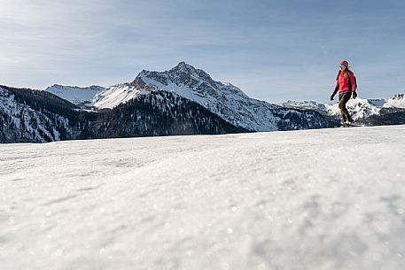 Snowshoe walk in Sauris di Sopra, with the iconic Bivera mountain in the background